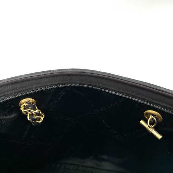 ST. JOHN Vintage Black Gold Tone Quilted Fabric Medium Shoulder Bag Purse - Picture 13 of 14